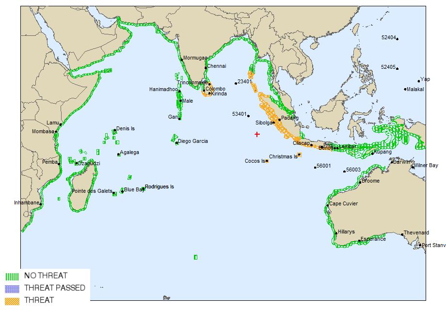 map showing where tsunami threat is greater than an amplitude of 0.