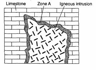 The geologic cross section below shows limestone that was intruded. Part of the limestone (zone A) was heated intensely but was not melted. What kind of rocks does the complaining rock collector want?