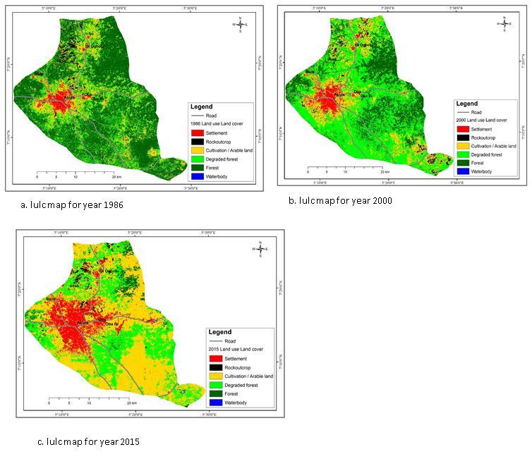 3 RESULT AND DISCUSSION 3.1 LAND USE LAND COVER MAPS Figure 2 and 3; a, b, and c respectively below show the result of the classified images for 1986, 2000 and 2015 satellite images respectively.