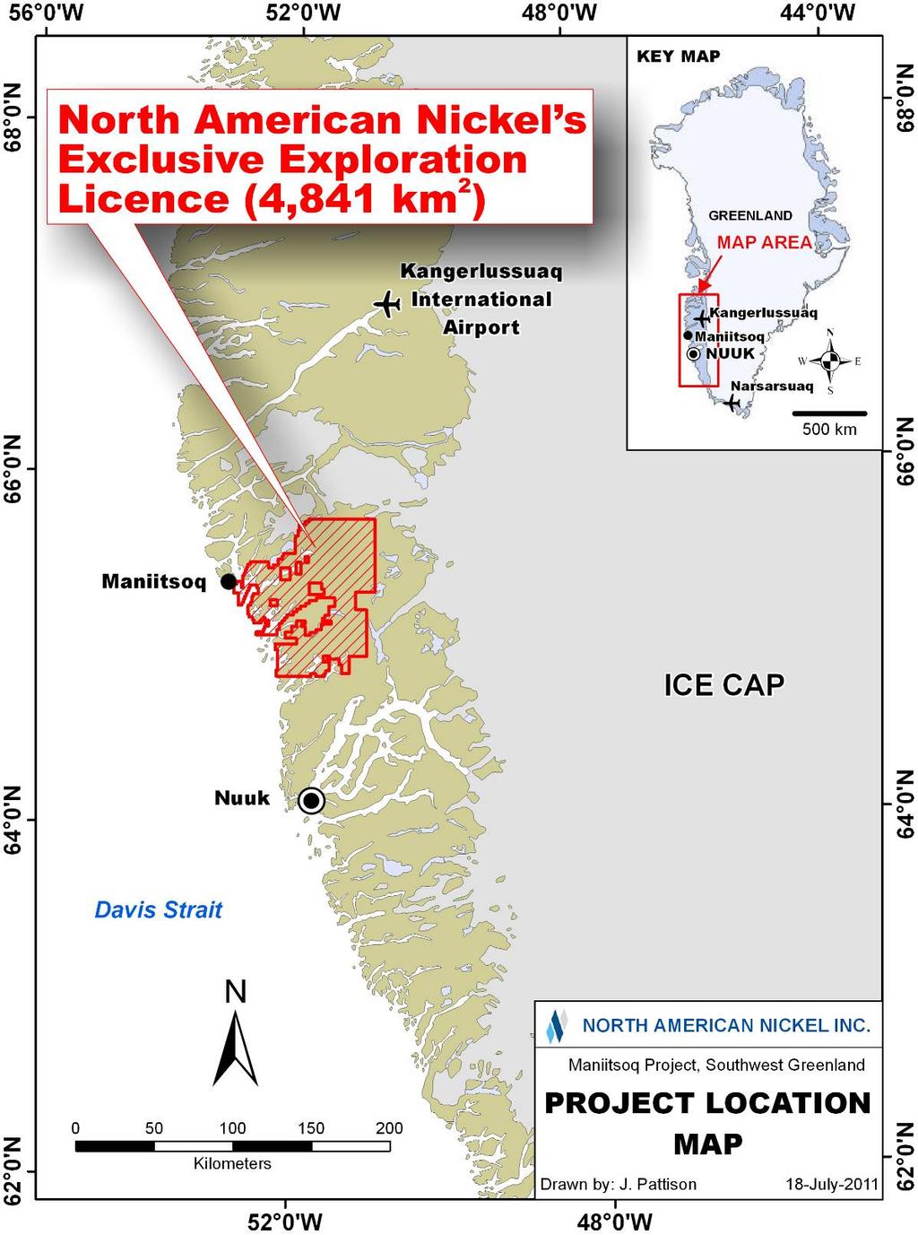Figure 1: The Maniitsoq project is located along the southwest coast of Greenland approximately 160 km