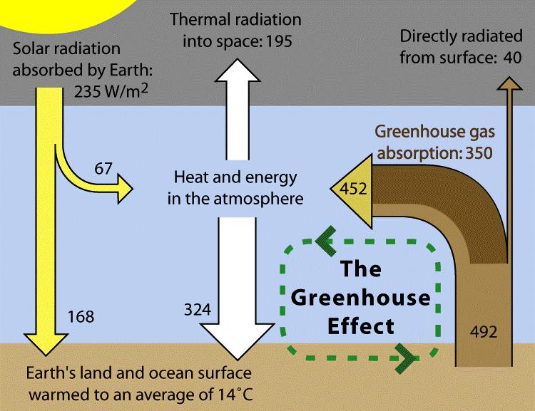 Key features to show in diagram are: radiation from the sun; absorbed by the earth and re-radiated.