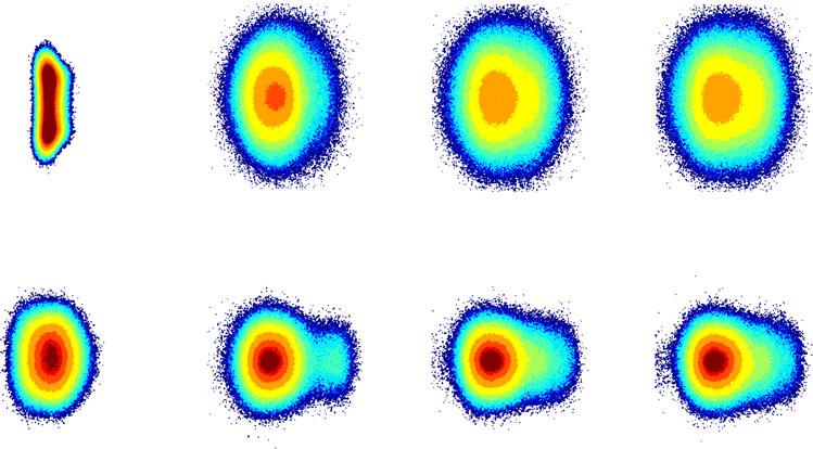 Figure 7. Contour plots of the velocity distribution functions for (top) He ++ ions and (bottom) protons in the v k v? plane at different instants of time throughout the simulation.