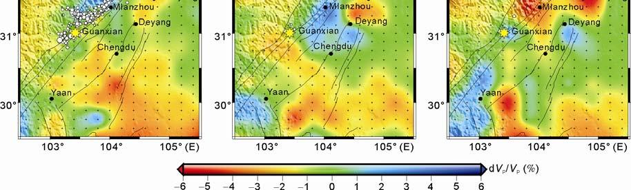 The Songpan-Garze orogenic belt is also characterized by low velocities. Figure 6 shows a cross section through the Longmenshan range and the source region of the Wenchuan earthquake.