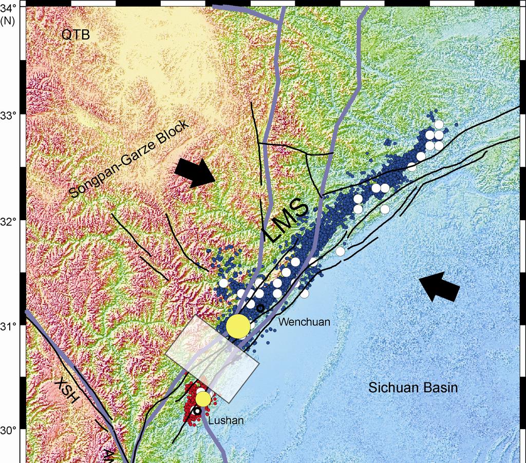 2042 Figure 6 Aftershock sequences of the 2013 Lushan Ms7.0 earthquake and 2008 Wenchuan Ms8.0 earthquake. Large and small yellow circles represent the 2008 Wenchuan earthquake and Lushan earthquake, respectively.