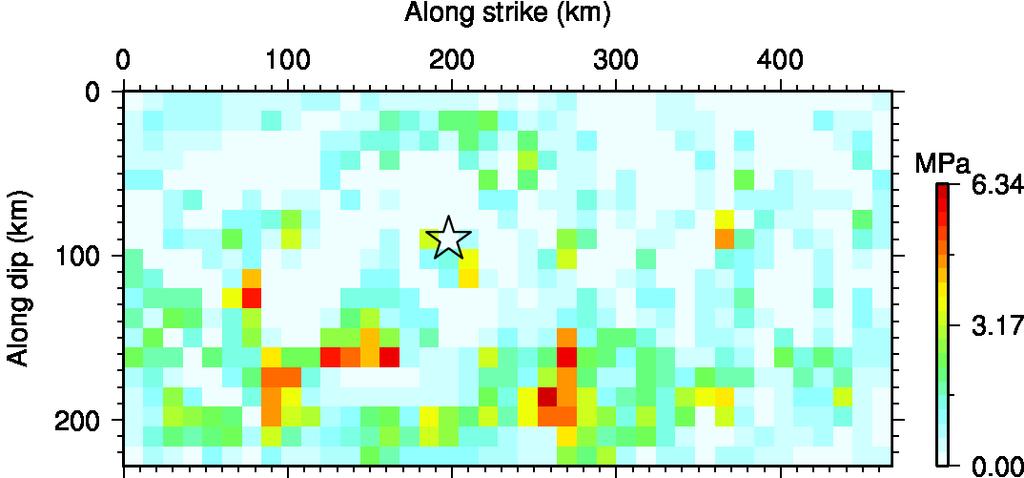 Figure 4.4. Spatial distribution of strength excess for the 2011 Tohoku earthquake. The star indicates the rupture starting point. Depth of the top of the fault plane is aligned to the surface.