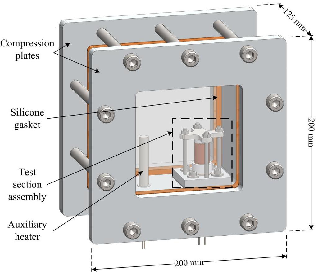 heater in its vertical orientation. The experimental setup consists of a central block, windows, compression plates, gaskets, auxiliary heater and the test section assembly. The windows used were 9.