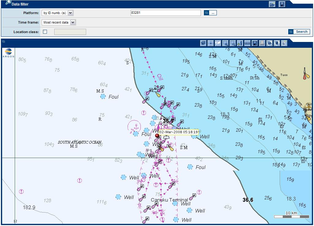 Argos: locate and monitor oil spill Buoy tracks displayed on a web site