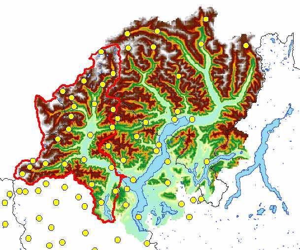 Fine scale modelling and forecasting in hydrology and meteorology 75 Figure 2.1: Geographical map with the raingauge stations located in the Maggiore Lake basin. The red line bounds the Toce basin.
