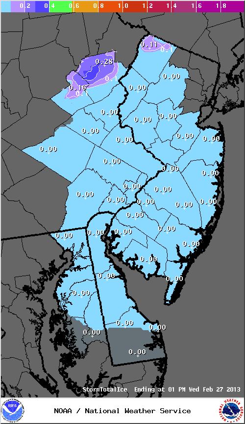 1/4 to 1/3 inch (Dark blue area). Ice Accumulation Forecast through Wednesday morning.