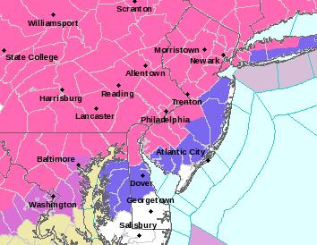 Current warning/advisory status Winter storm warnings in pink