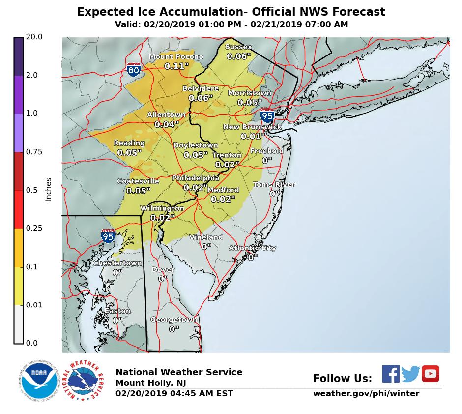 Expected Ice Accumulations Ice accumulation notes: Icing of a few hundredths to a tenth of an inch is generally