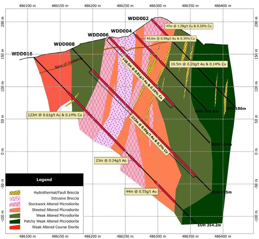 Mineralisation in hole WDD016 is associated with quartz stock working and as disseminated mineralisation within a mirco diorite.