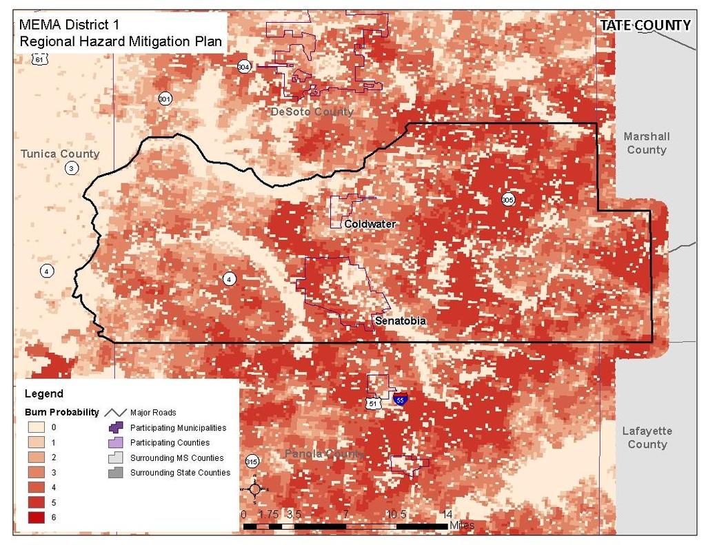 FIGURE G.5: BURN PROBABILITY IN TATE COUNTY Source: Southern Wildfire Risk Assessment GEOLOGIC HAZARDS G.2.7 Earthquake LOCATION AND SPATIAL EXTENT Figure G.