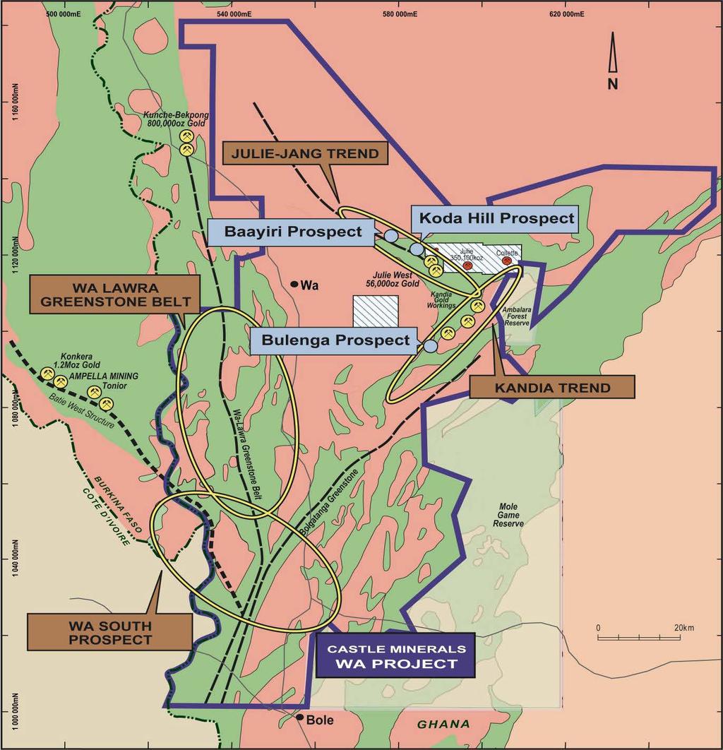 WA PROJECT The Wa Project covers approximately 10,000km 2 in NW Ghana near the border with Burkina Faso and consists of four Reconnaissance Licences and eighteen Prospecting Licences.