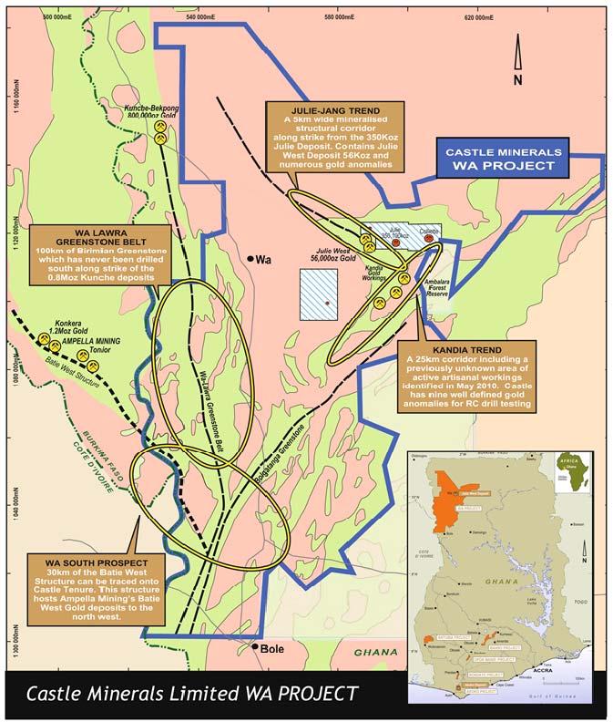 WA PROJECT (Castle Minerals 100%) The Wa Project covers approximately 11,000km 2 in NW Ghana near the border with Burkina Faso and consists of three large Reconnaissance Licences and two Prospecting