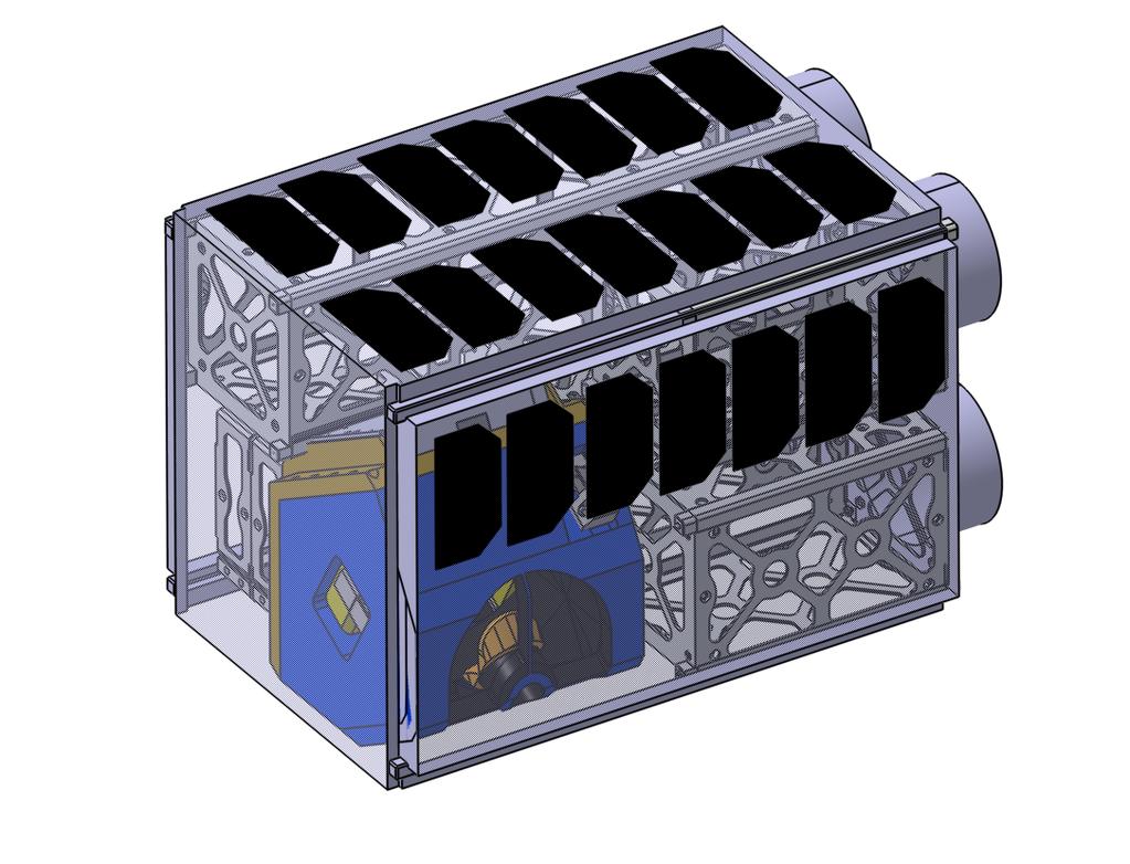 Figure 1. The telescope design (blue part) inside a 1U CubeSat. The preliminary design supposes that 3U (x1.5u) are used for the propulsion (GTO to GEO), 1.5U for the avionics, 1.