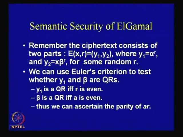(Refer Slide Time: 50:30) So, now, we shall conclude by some comments under semantic security of ElGamal crypto systems.