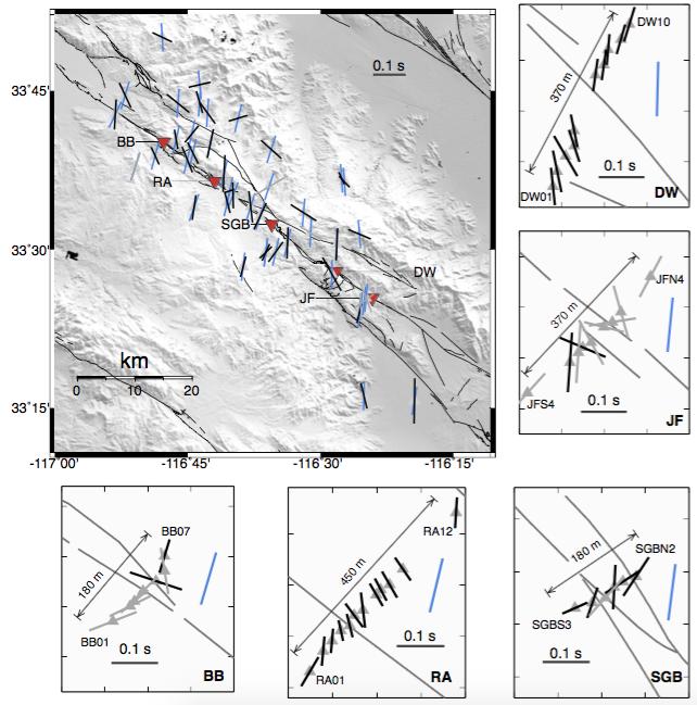 Figure 3 Summary of the dominant fast directions and average delay times observed at all stations along the San Jacinto Fault Zone. The gray lines mark the active faults.