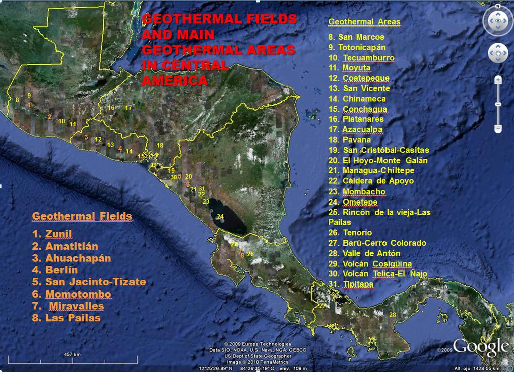 Current status in Central America 3 Montalvo Figure 2, shows the location of the geothermal fields currently in operation and main geothermal areas that have been subject to exploration in Central