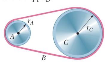 Find the time needed for wheel C to reach an angular speed of 100 rev/min, assuming the belt does not slip. (Hint: If the belt does not slip, the linear speeds at the two rims must be equal.
