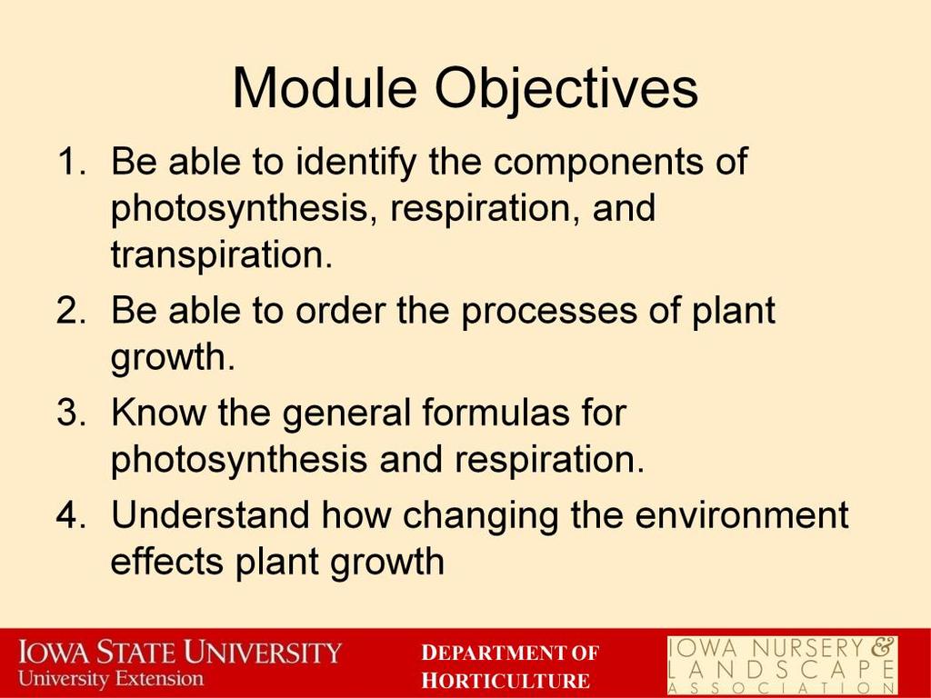 Upon completion of this module, you will be able to fulfill each of the objectives listed below. 1. You will be able to identify the components of photosynthesis, respiration, and transpiration. 2.