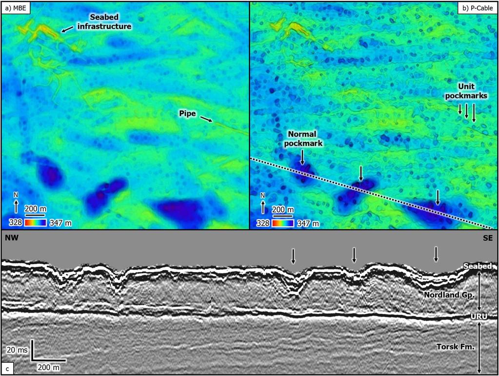 Snøhvit Case Study The Arctic University of Norway collected multibeam echosounder (MBE; Kongsberg EM300, 30 khz) and high-resolution 3D P-Cable seismic data in the Snøhvit area in 2011 (Figs. 1b, 3).