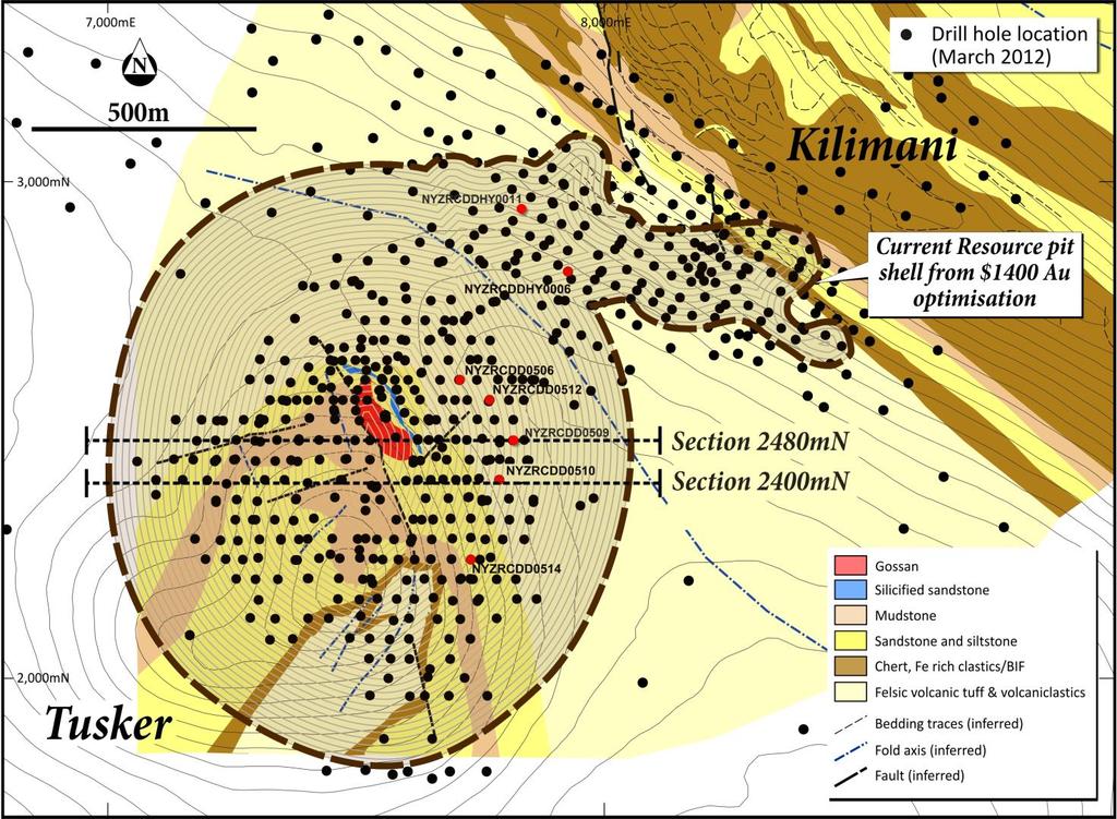 Figure 2: Nyanzaga Prject, drill hle lcatin plan with new ptimised $1,400/z pen pit including Kilimani mineralisatin, and shwing the lcatin