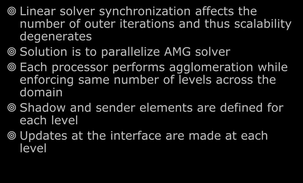 AMG SYNCHRONIZATION Linear solver synchronization affects the number of outer iterations and thus scalability degenerates Solution is to parallelize AMG solver Each processor