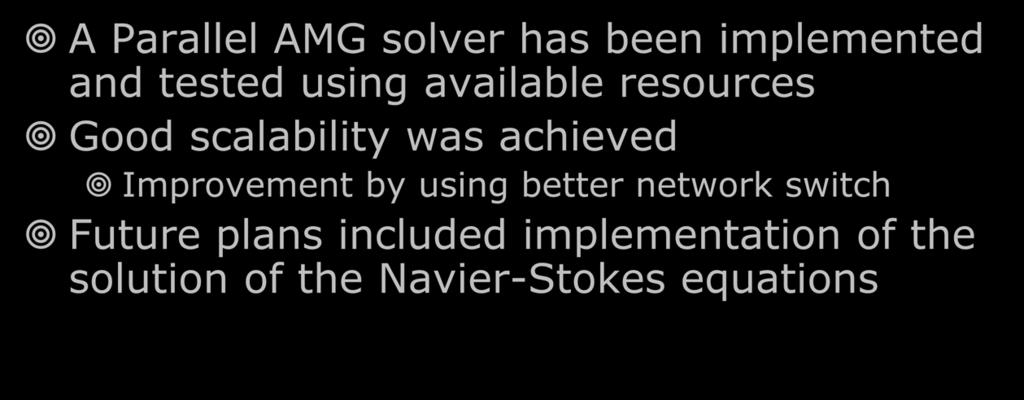 CONCLUSION A Parallel AMG solver has been implemented and tested using available resources Good scalability was achieved