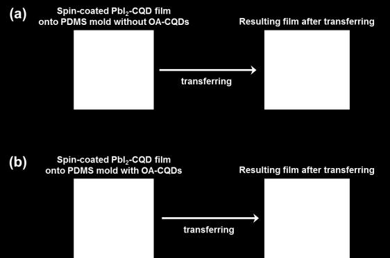 Figure S1. Optical images of PbI 2 -CQD films onto PDMS mold and the resulting films after transferring process.