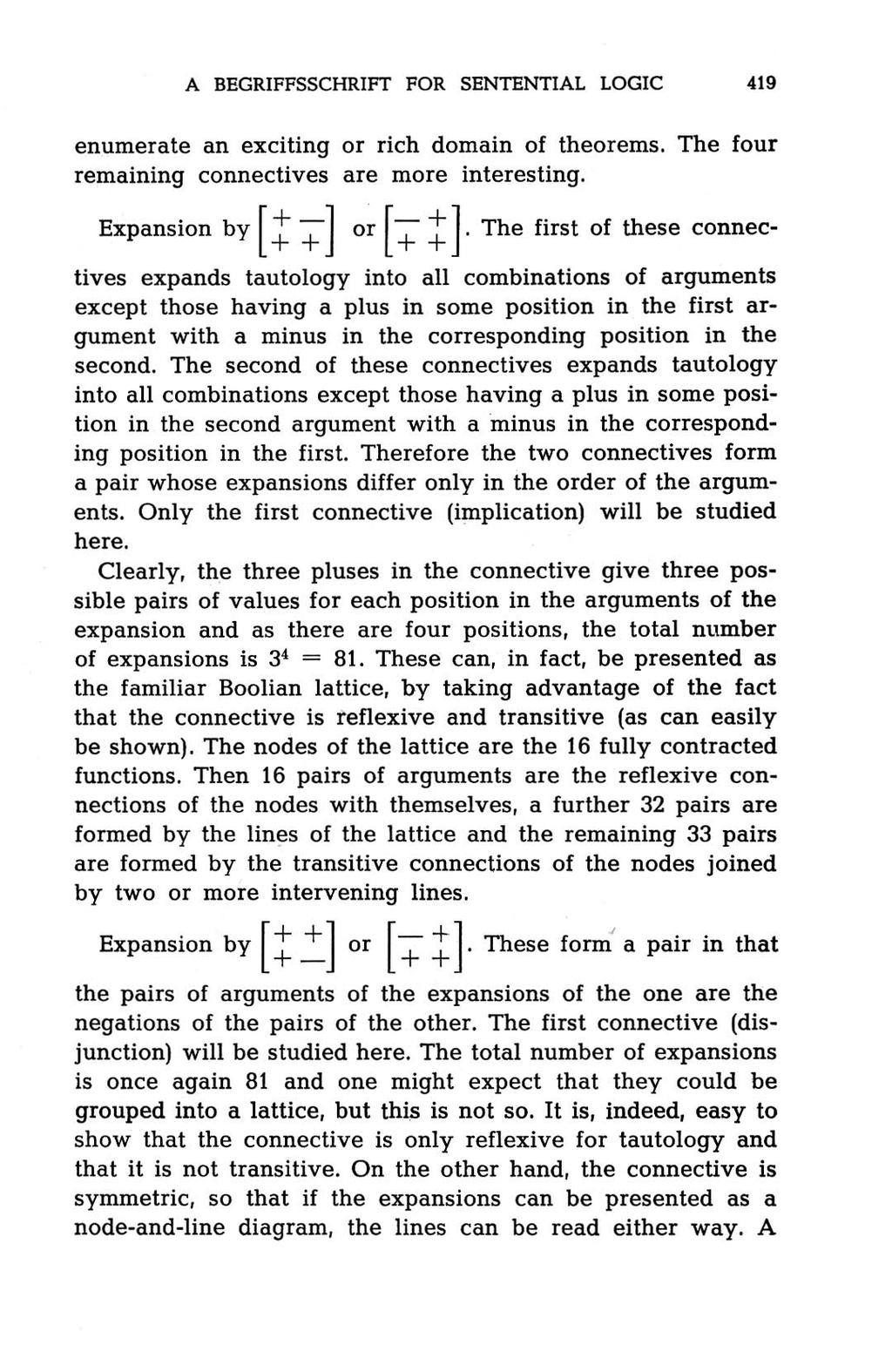 A BEGRIFFSSCHRIFT FOR SENTENTIAL LOGIC 4 1 9 enumerate an exciting o r rich domain o f theorems. The fo u r remaining connectives a re mo re interesting. Expansion b y or.