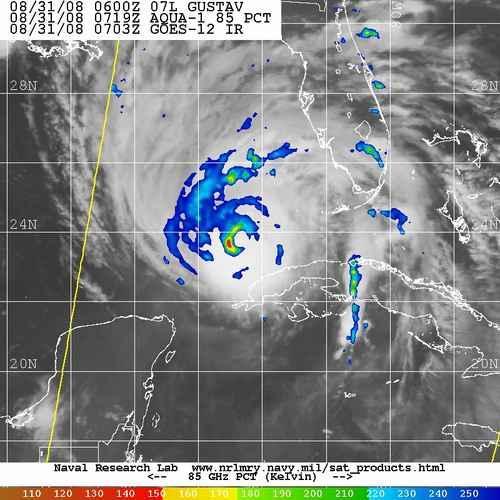 85 GHz Image Interpretation Hurricane Gustav (2008) by AMSRE At 85-91 GHz: 1. Deep convection appear relatively cold 2.