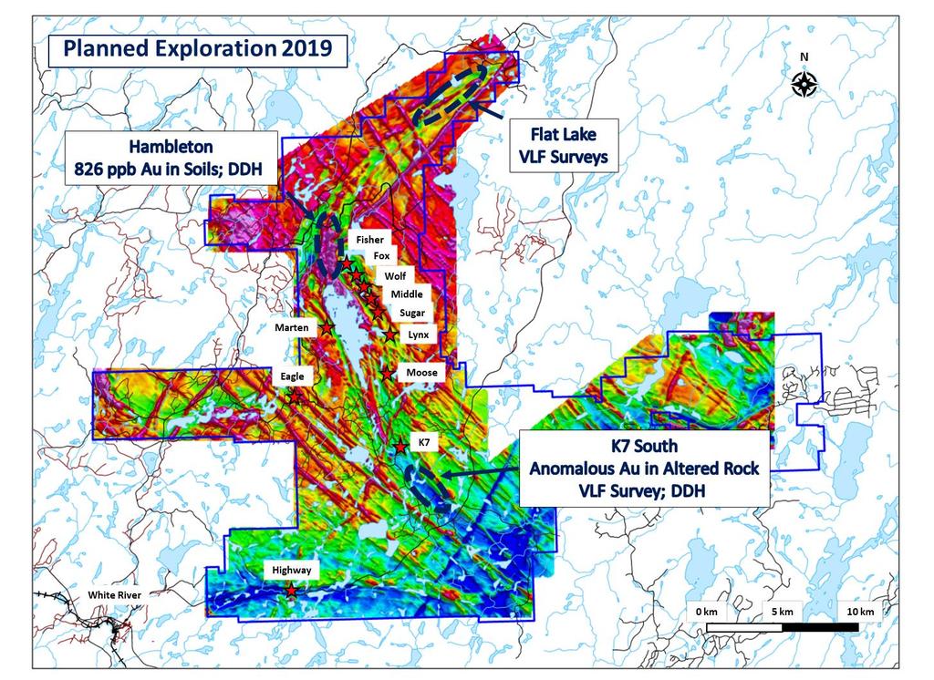 The K7 South area is a southern extension of mineralization along strike where prospecting samples returned anomalous gold and base metals values in an area where there are several outcrops of