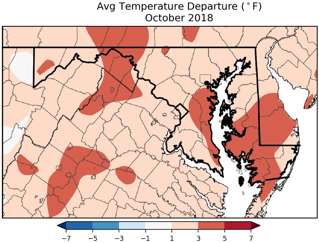 TEMPERATURE Figure 3: average temperature departure from normal for Maryland. (NRCC) The official state average October temperature was 58.9 F, 18.3 F warmer than last month and 2.