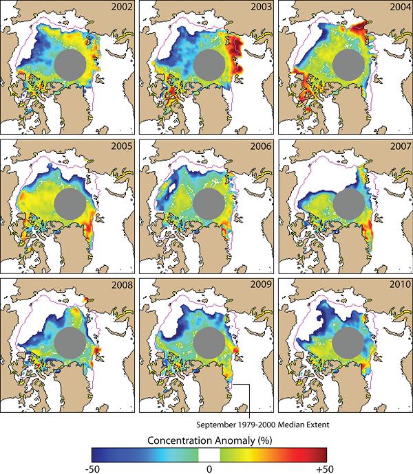 Page 5 of 10 Extent anomaly maps, 2002-2010: Sea ice conditions for the month of September, 2002 through 2010, derived from the NSIDC Sea Ice Index.