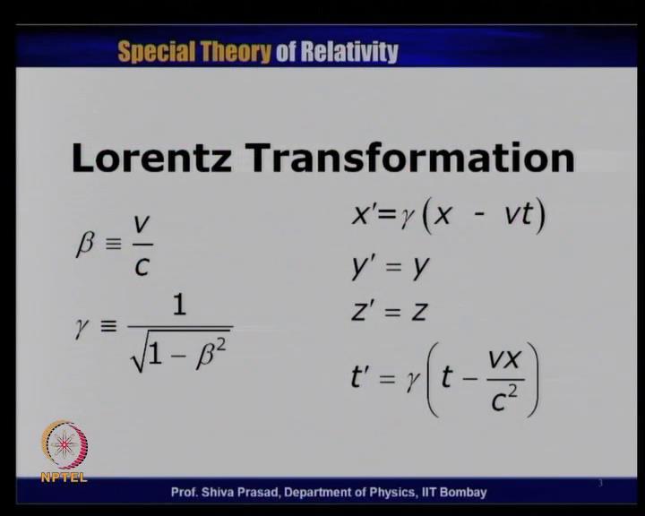 (Refer Slide Time: 01:47) Just to re-capitulate capitulate, let us write or let us discuss the Lorentz transformation again. These are the equations governing Lorentz transformation.