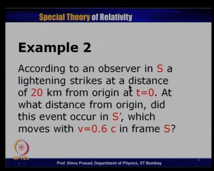 (Refer Slide Time: 36:27) Now, let us taken another example. There is an observer in S and he finds that a lightening strikes at a distance of 20 kilometers from origin at t is equal to 0.