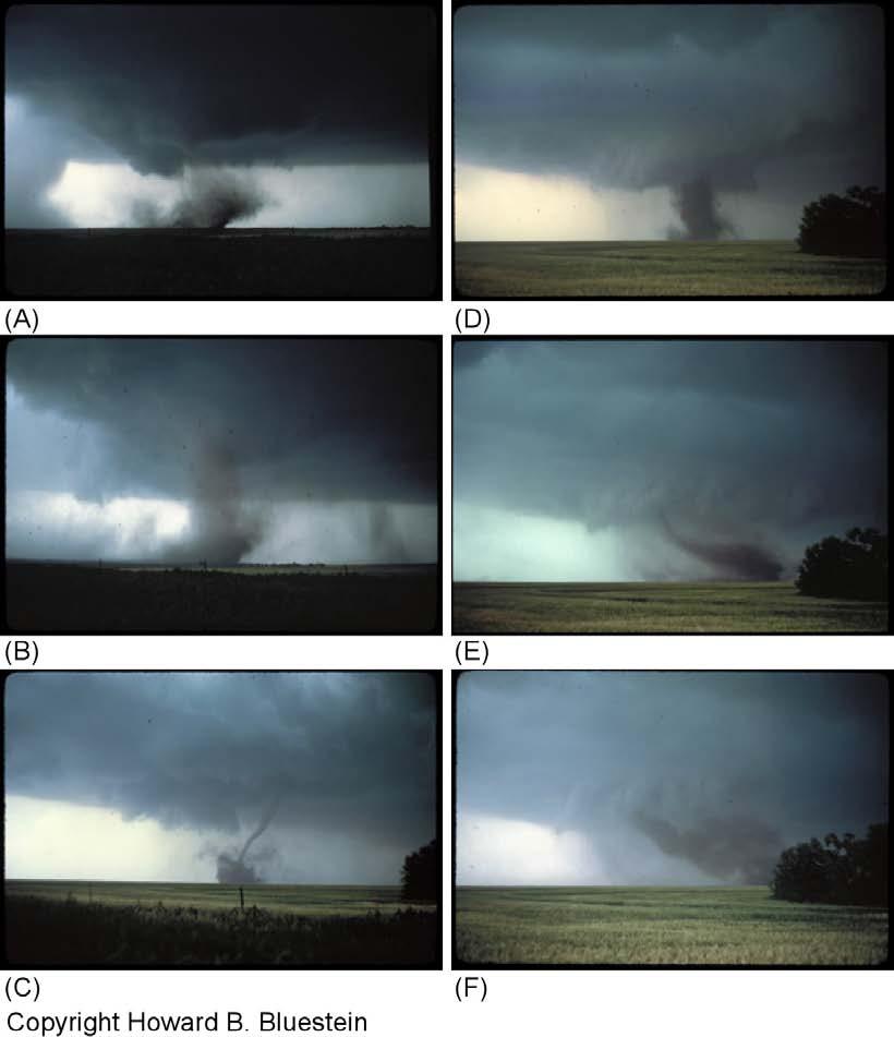 Five-stage life cycle of a tornado Dust Swirl Stage Tornado begins when rotation makes contact with the ground (A, B) Organizing Stage Funnel cloud descends to ground, and increases intensity (C)