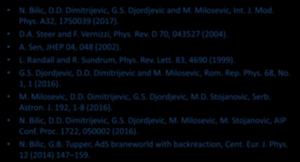 Milosevic, Rom. Rep. Phys. 68, No. 1, 1 (016). M. Milosevic, D.D. Dimitrijevic, G.S. Djordjevic, M.D. Stojanovic, Serb. Astron. J. 19, 1-8 (016). N. Bilic, D.D. Dimitrijevic, G.S. Djordjevic, M. Milosevic, M.