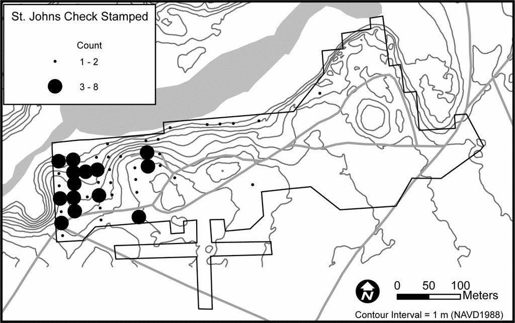 Reconnaissance Survey 119 Figure 4-9. Distribution of St. Johns Check Stamped sherds recovered during the shovel test survey. varied markedly in STPs across the survey tract.