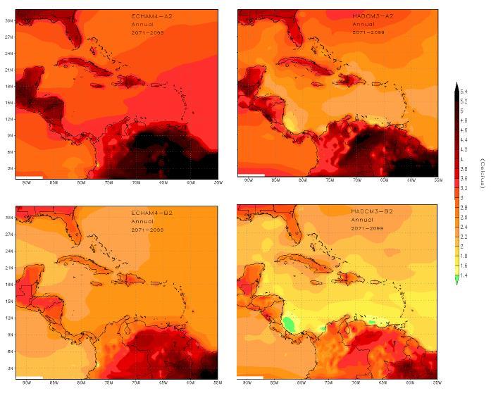 3. A glimpse into a Caribbean future... A2 Irrespective of scenario the Caribbean expected to warm. B2 Warming between 1 and 5 o C Warming greater under A2 scenario.