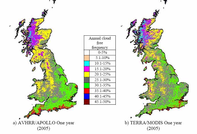 Cloud free frequency in the UK Landsat ETM+ 16 day revisit/repeat cycle means 22 opportunities for observation per year With a cloud free