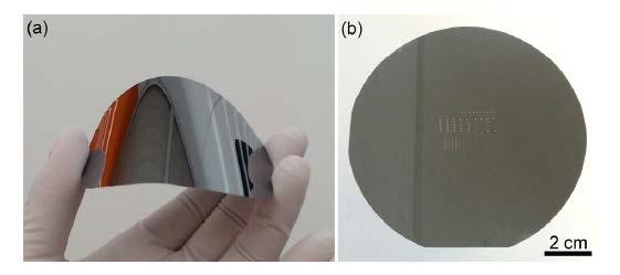(a) Flexible silicon wafer with a thickness of ~90 μm, thinned by a KOH wet etching process from a general 525 μm thick