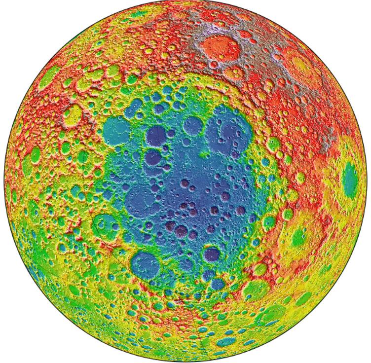 Figure 2: A lunar topological map with the South Pole-Aitken basin shown in the center. Notice the faint black line that traces the edge of the basin.