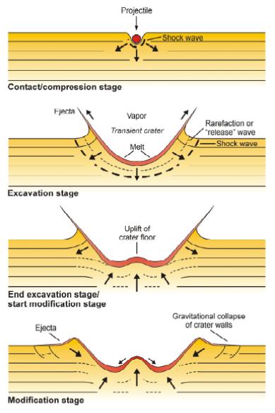 Stage 2) Excavation stage Material excavated from the crater is distributed radially as a blanket of fragmented debris or ejecta. 3.