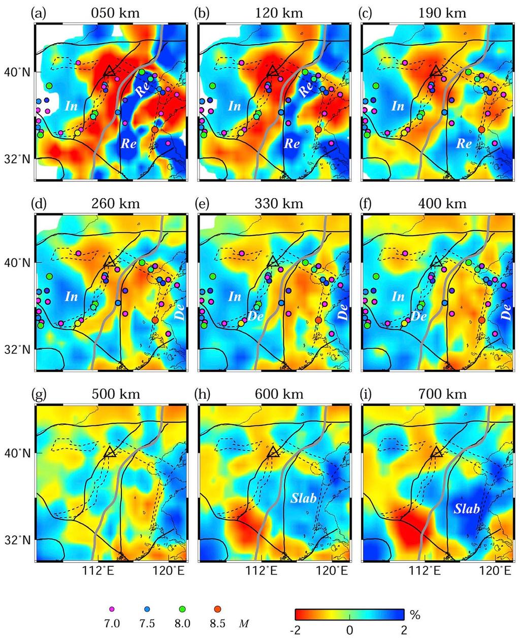 Figure 13. The resulting tomographic images in map view. Red and blue colors denote low-v and high- V anomalies, respectively. The scale for velocity perturbation (in %) is shown at the bottom.