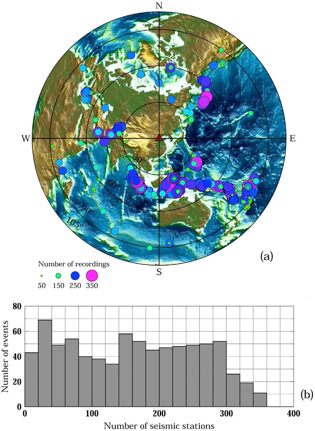 Figure 6. (a) Spatial distribution of the numbers of seismic stations that recorded the corresponding teleseismic event.