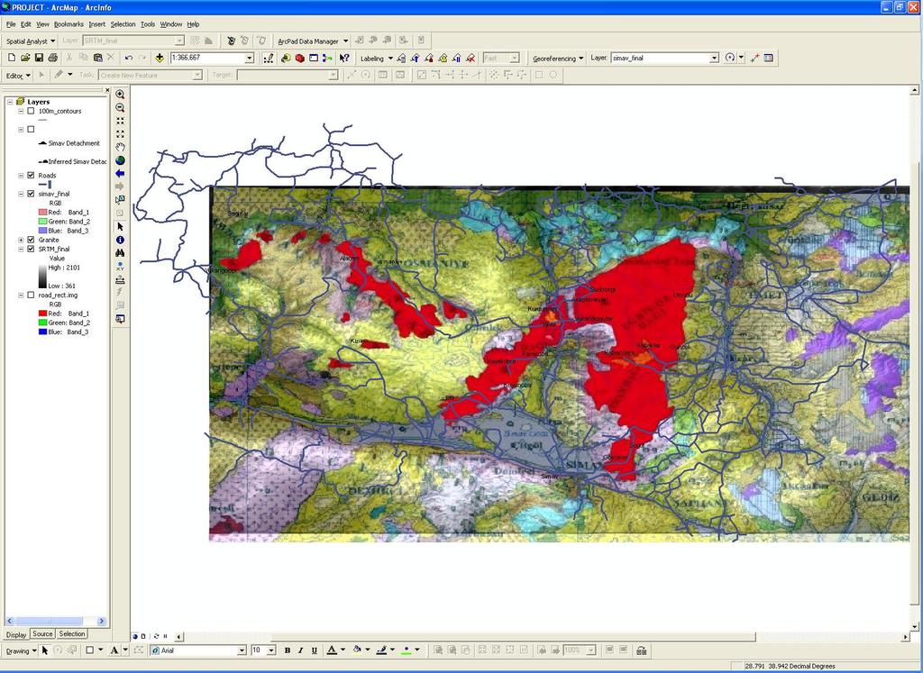 Figure 34: Screen shot of ArcMap showing SRTM data, geologic