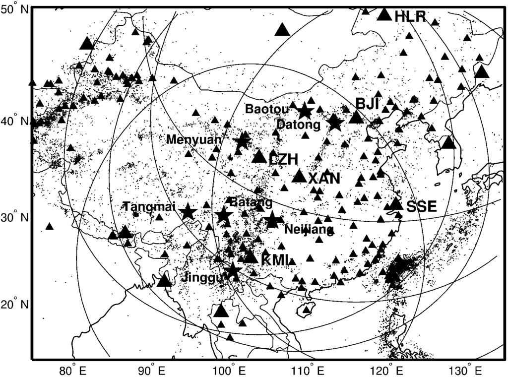 Reference Events for Regional Seismic Phases at IMS Stations in China 2267 Figure 1. Events (dots) and Chinese stations (small triangles) listed in the ABCE.