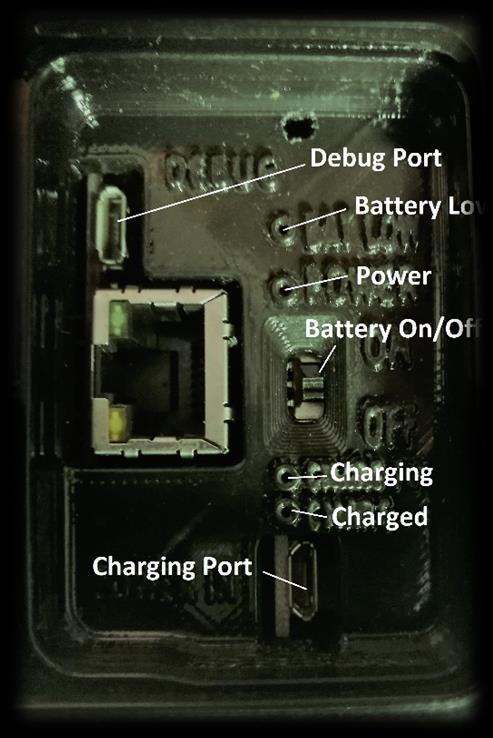 Data Logger Layout Charging port A micro USB connector to charge the devices battery, any 5v USB charging device can be used to recharge this logger.